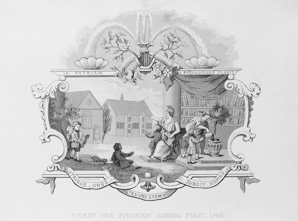 Bilet na święto szkoły w Tiverton, 1740, grawerowany przez J. Moore