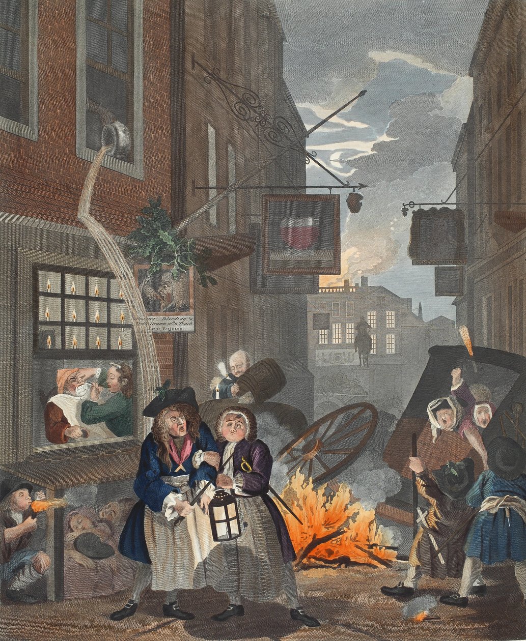 Pory dnia, noc, ilustracja z „Hogarth Restored: Całe dzieła sławnego Williama Hogartha, ponownie grawerowane przez Thomasa Cooka”, wyd. 1812 (grawerowanie ręcznie kolorowane) autorstwa William Hogarth