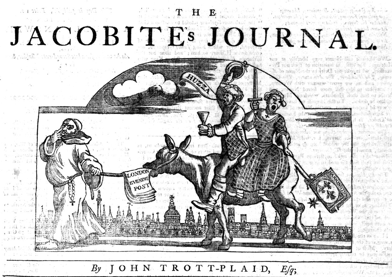 Winieta tytułowa „Dziennika Jakobitów”, 1748 (drzeworyt i typografia) autorstwa William Hogarth