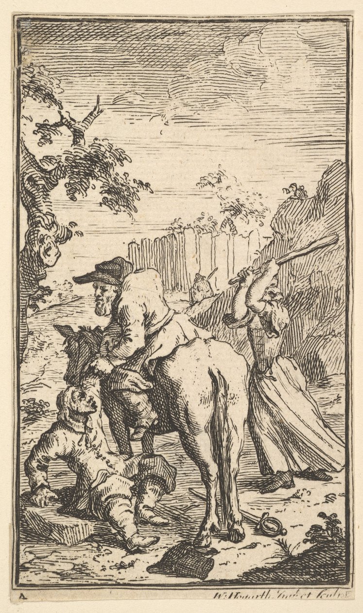 Trulla atakuje Hudibras Siedemnaście małych ilustracji dla Samuela Butlersa Hudibras..., 1721-26. autorstwa William Hogarth