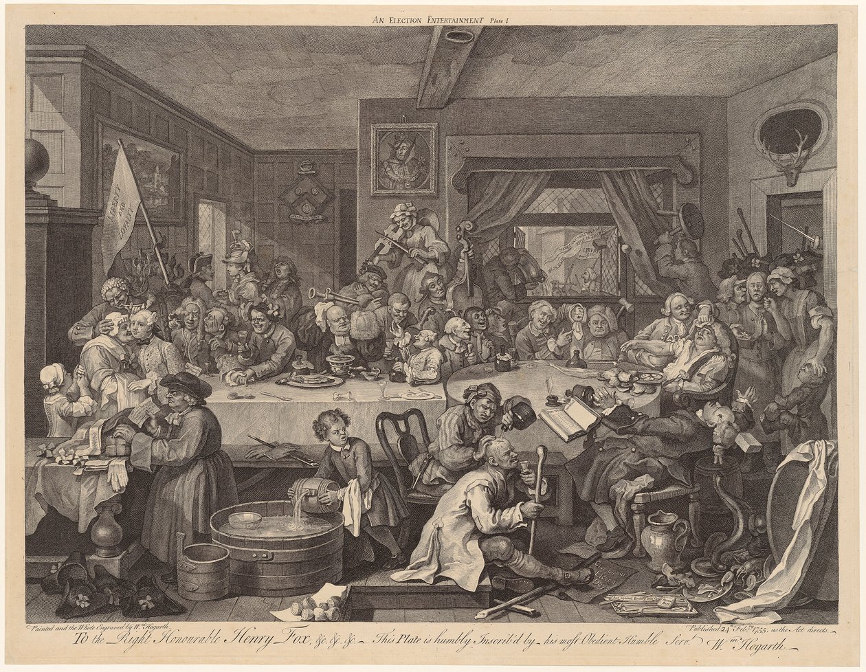 Uczta wyborcza, plansza 1 z serii „Wybory” autorstwa William Hogarth