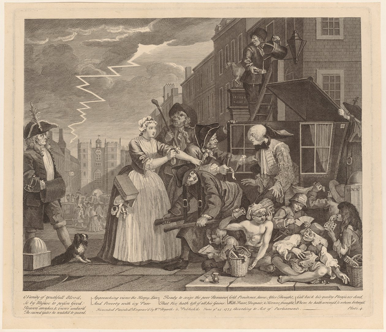 Aresztowany za długi, plansza 4 z cyklu „Życie rozpustnika” autorstwa William Hogarth