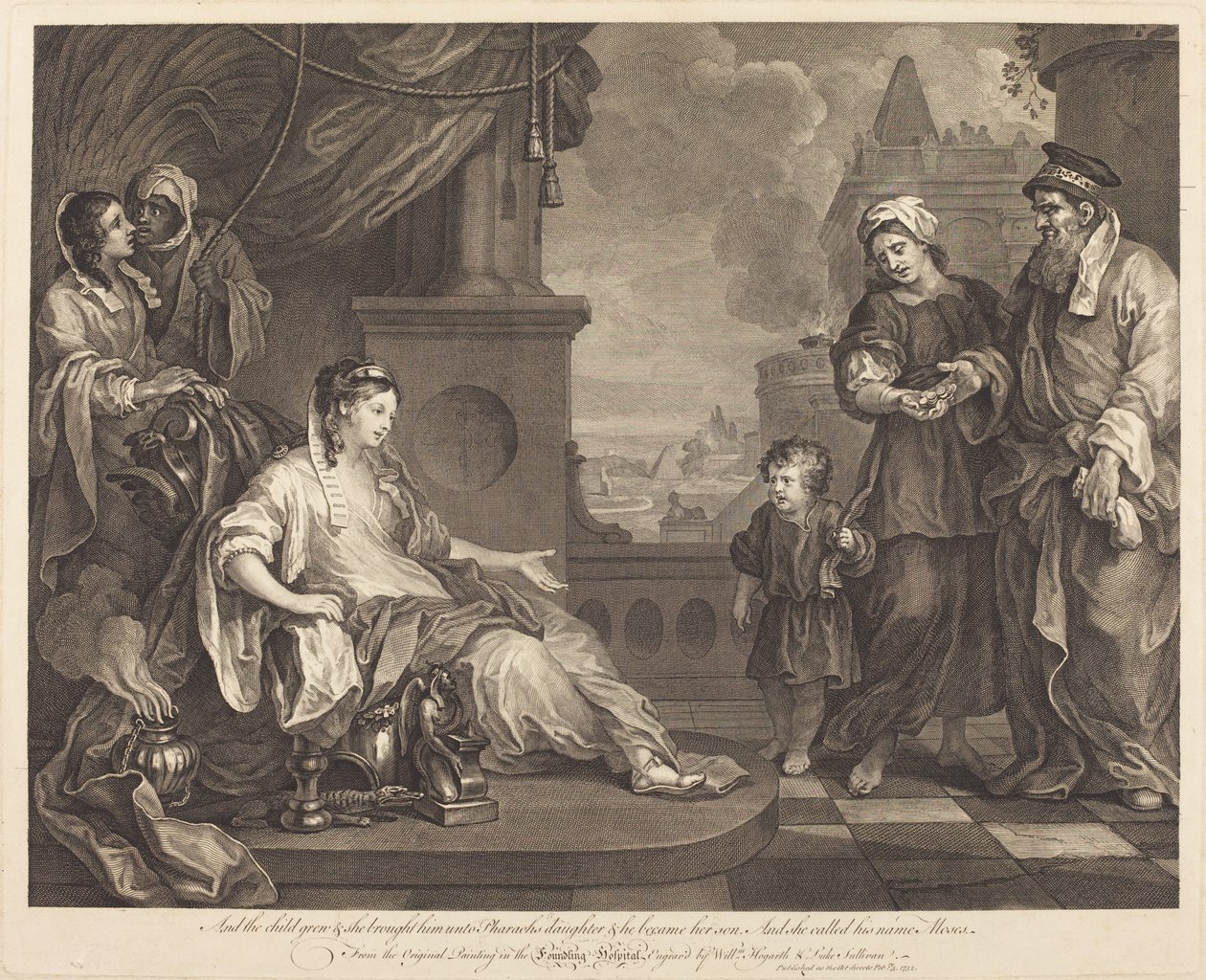 Mojżesz przyprowadzony do córki faraona autorstwa William Hogarth and Luke Sullivan