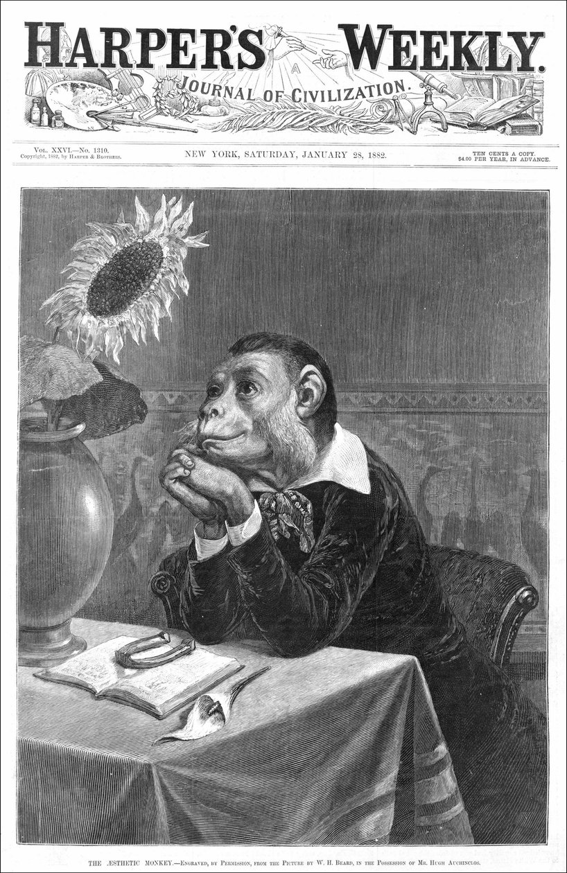 Okładka „Tygodnika Harpera”” z 28.01.1882. Humanizowana małpa patrząca na doniczkę autorstwa Williama Holbrooka Bearda (1824-1900). autorstwa William Holbrook Beard