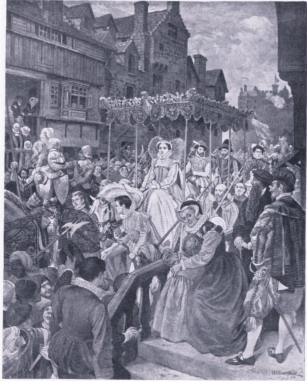 Stanowe wejście królowej Marii do Edynburga 1561, z Cassells History of the British People opublikowanej przez Waverley Book Company, c. 1950 (litografia) autorstwa William Hole