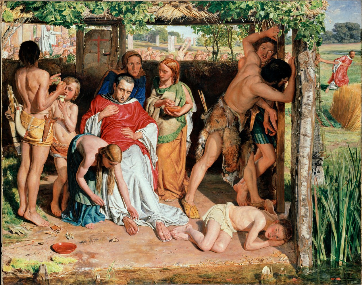 Nawrócona rodzina brytyjska chroniąca chrześcijańskiego misjonarza przed prześladowaniami druidów, 185 autorstwa William Holman Hunt