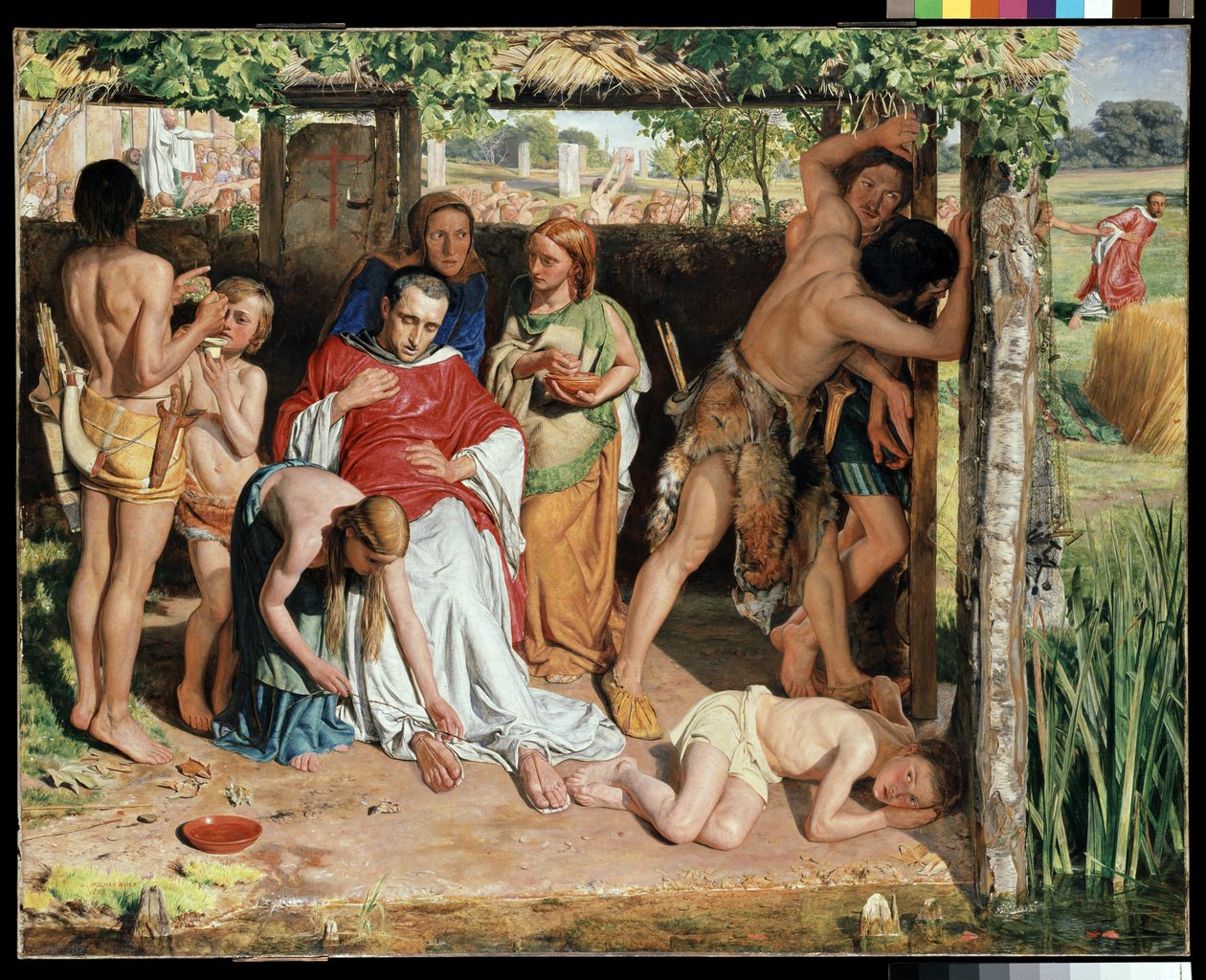 Nawrócona rodzina brytyjska chroniąca chrześcijańskiego misjonarza przed prześladowaniami druidów, 1850 r autorstwa William Holman Hunt
