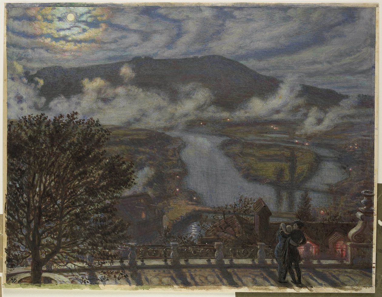 Widok z tarasu krajobrazu rzeki w nocy Taras, Berno (tytuł na obiekcie) autorstwa William Holman Hunt