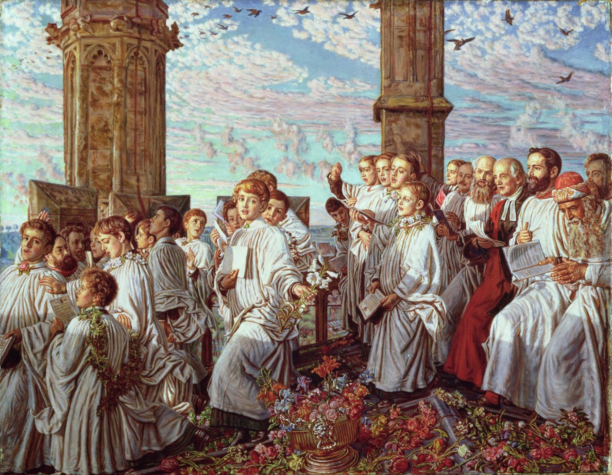 Majowy poranek na Magdalen College Tower w Oksfordzie, starożytna doroczna ceremonia autorstwa William Holman Hunt