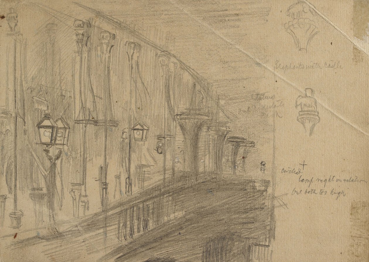 Recto: Studium London Bridge dla „London Bridge w noc małżeństwa księcia i księżnej Walii”, 1863 (grafit na papierze płowożółtym) autorstwa William Holman Hunt