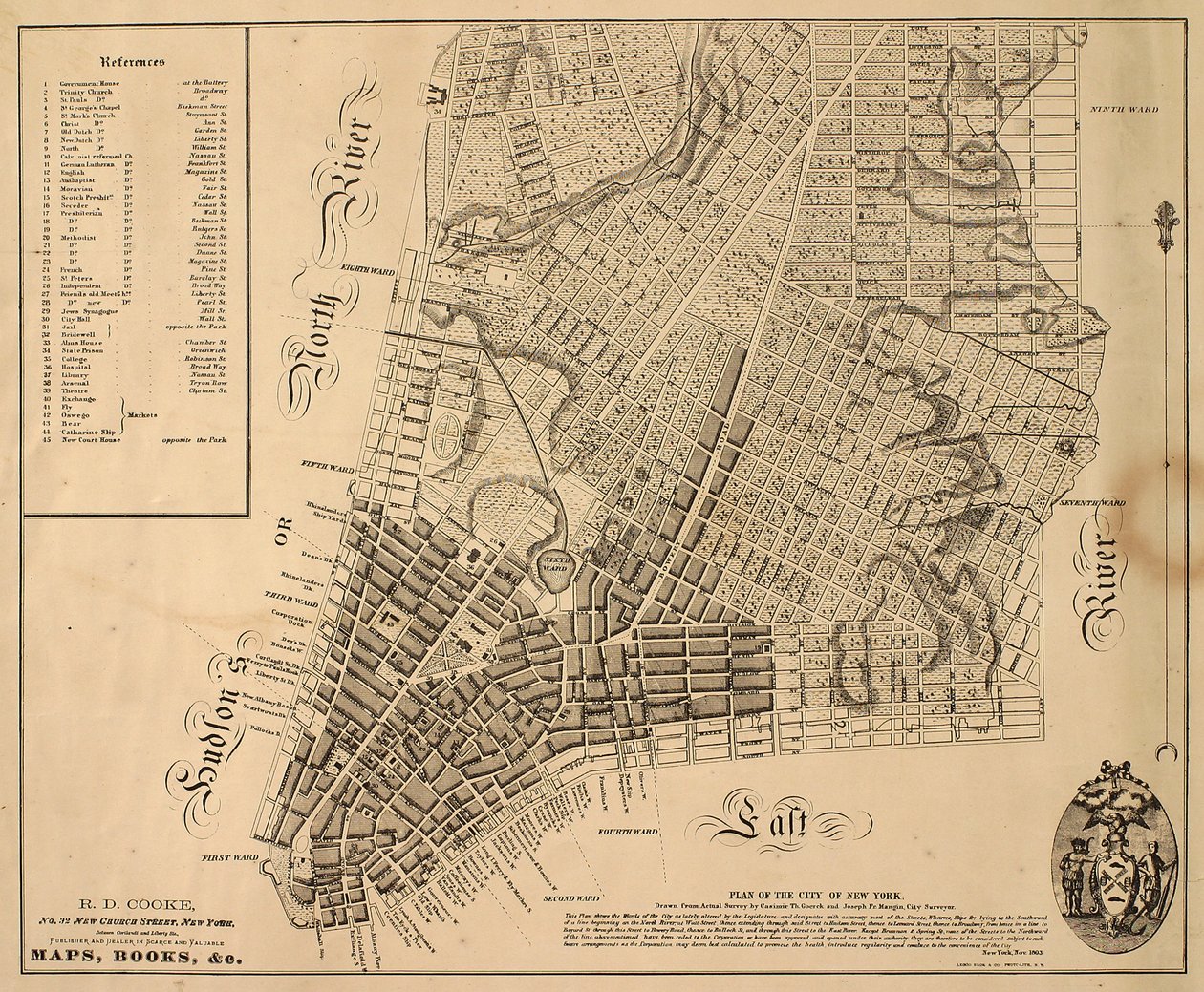 Plan miasta Nowy Jork [tak daleko na północ, jak East 31st Street], 1817 (czarny tusz na papierze, podklejony płótnem) autorstwa William Hooker