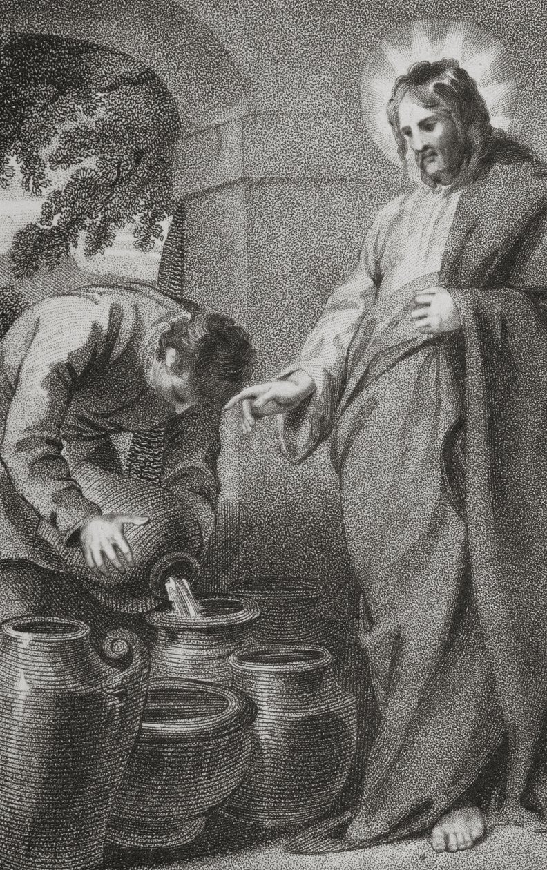 Chrystus zamienia wodę w wino, z „Historii i życia naszego Błogosławionego Pana i Zbawiciela Jezusa Chrystusa”, wielebnego J. Milnera, opublikowanej przez B. Crosby