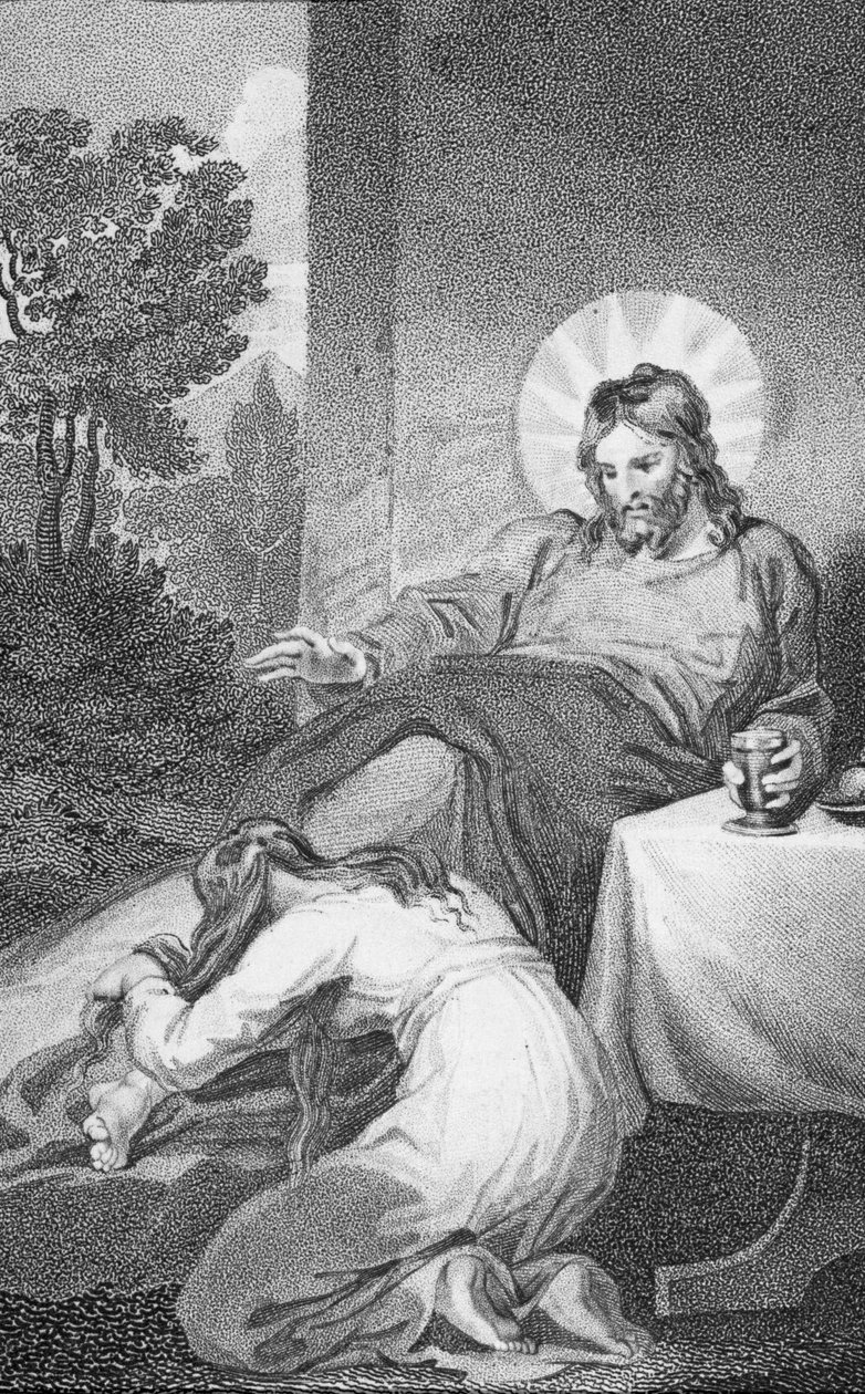 Maryja namaszczająca stopy Zbawiciela, z „Historii i życia naszego Błogosławionego Pana i Zbawiciela Jezusa Chrystusa”, wielebnego J. Milnera, opublikowanej przez B. Crosby, 1808 autorstwa William Hopwood