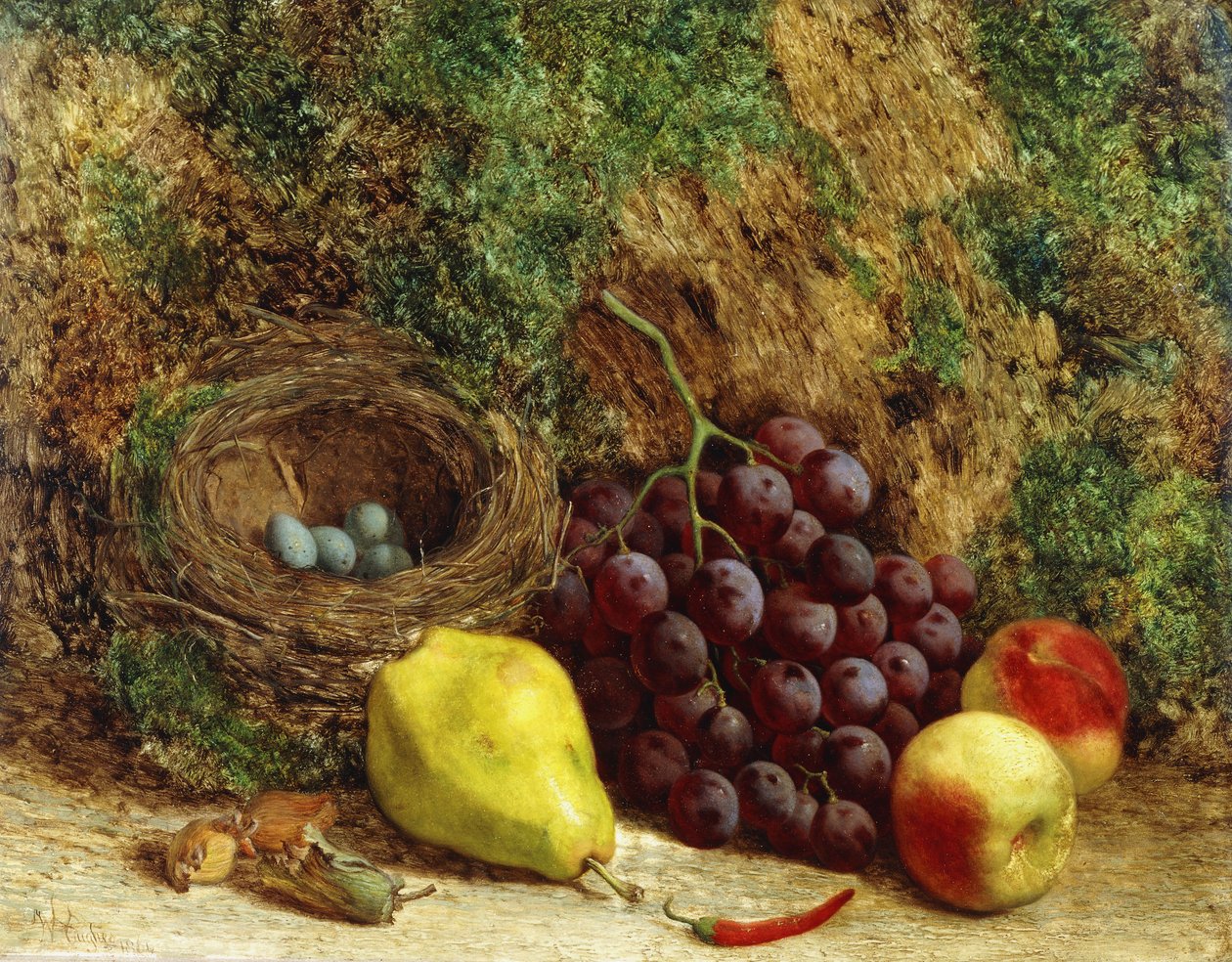 Winogrona, gruszka, brzoskwinie i ptasie gniazdo przy omszałym brzegu, 1864 autorstwa William Hughes