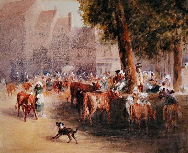 Wczesny poranek na wiejskim targu bydła (akwarela na papierze) autorstwa William Hunt