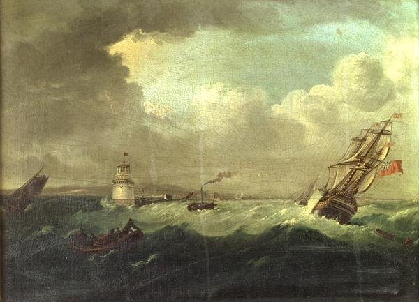 Wysyłka z gołębi, port w Dublinie z jachtem wicekróla „The Dorset” (olej na panelu) autorstwa William II Sadler