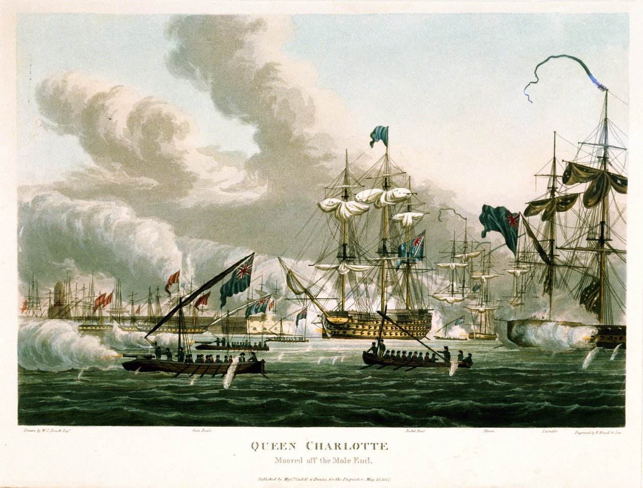 Okręt "Queen Charlotte" zacumowany u wybrzeży Mole podczas bombardowania Algieru (Algieria) 27 sierpnia 1816 r. Kolorowa akwaforta, 15 maja autorstwa William Innes Pocock