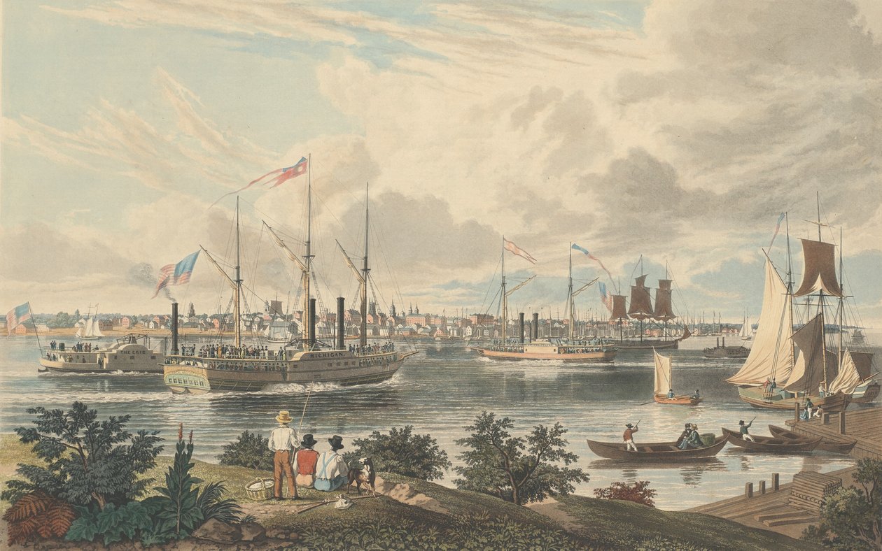 Miasto Detroit, Michigan: Zaczerpnięte z wybrzeża Kanady w pobliżu promu, opublikowane w 1837 r. autorstwa William James Bennett