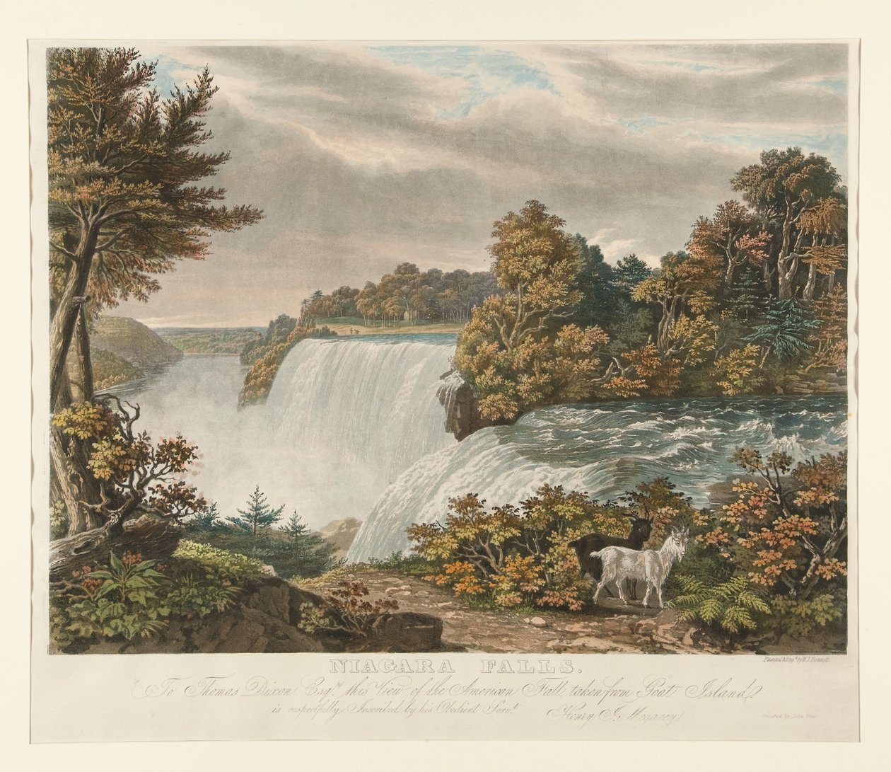 Wodospad Niagara. Thomasowi Dixonowi Esq. z szacunkiem poświęcono ten widok na American Fall, wykonany z Goat Island autorstwa William James Bennett