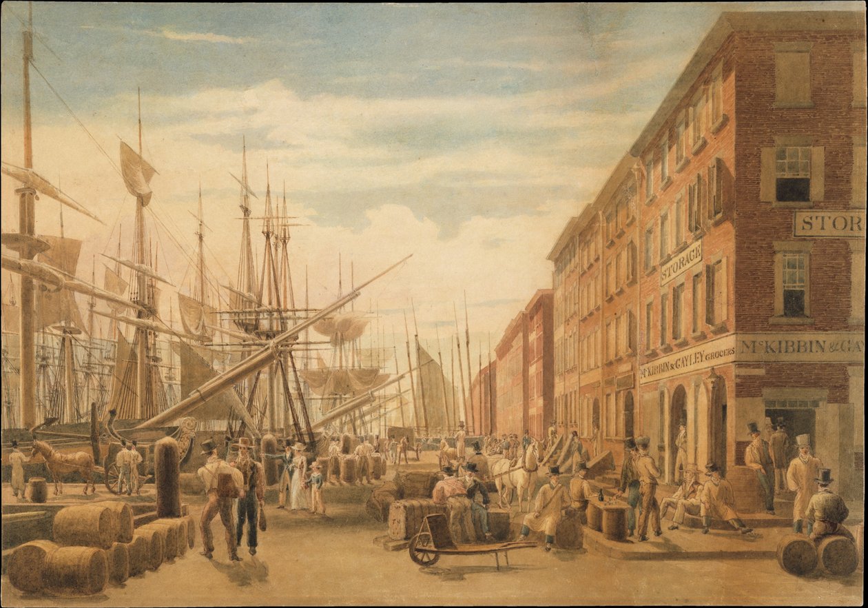 Widok na South Street z Maiden Lane w Nowym Jorku autorstwa William James Bennett