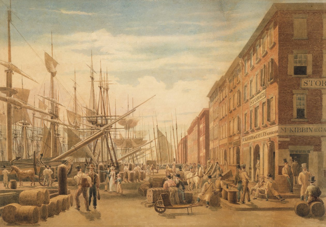 Widok na South Street, od strony Maiden Lane, Nowy Jork, ca. 1827. autorstwa William James Bennett
