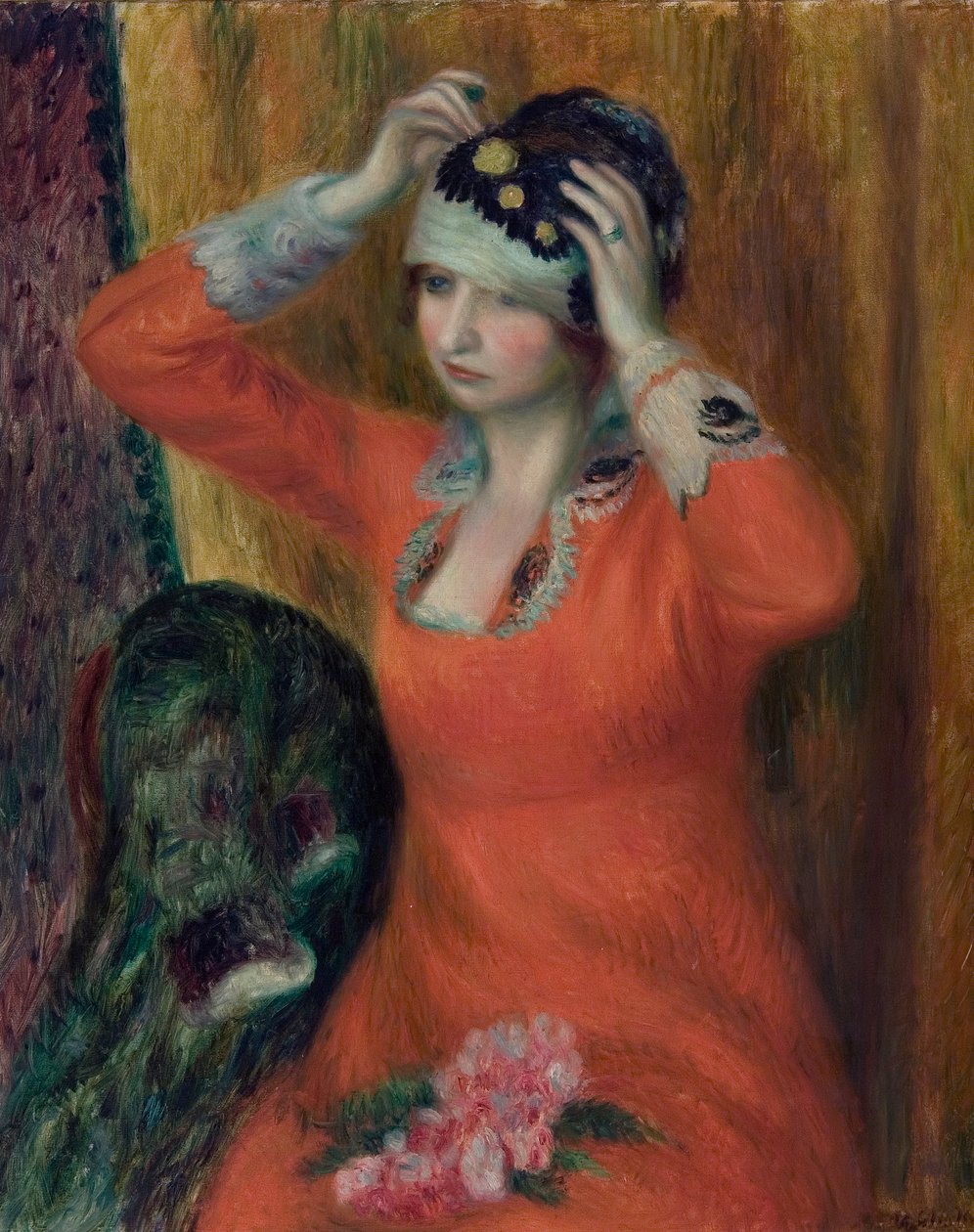Dziewczyna w czerwonej sukience przypinająca kapelusz autorstwa William James Glackens