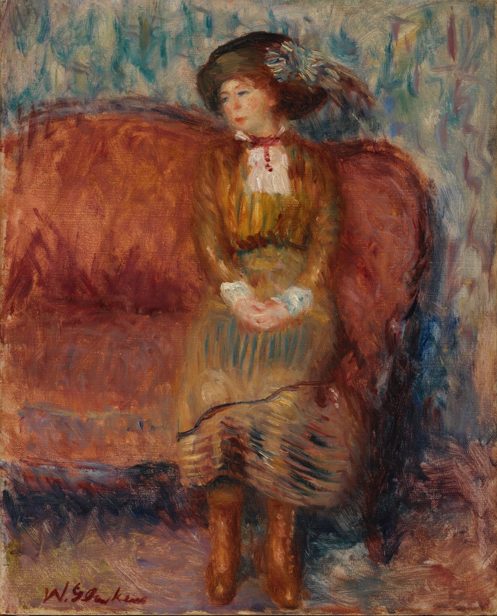 Kobieta siedząca na czerwonej kanapie autorstwa William James Glackens