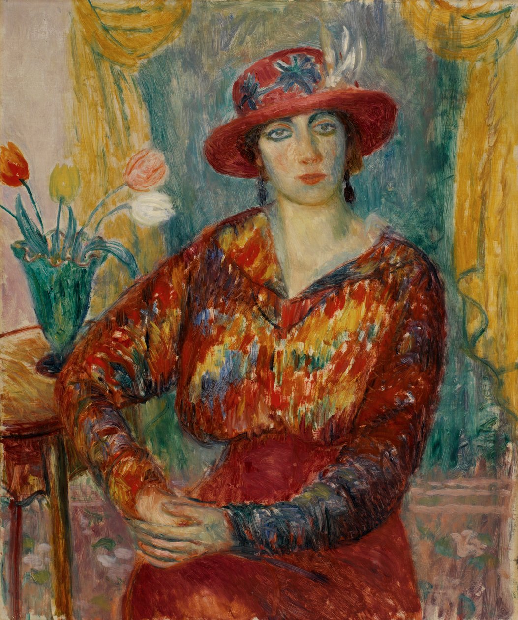 Kobieta w czerwonej bluzce z tulipanami autorstwa William James Glackens