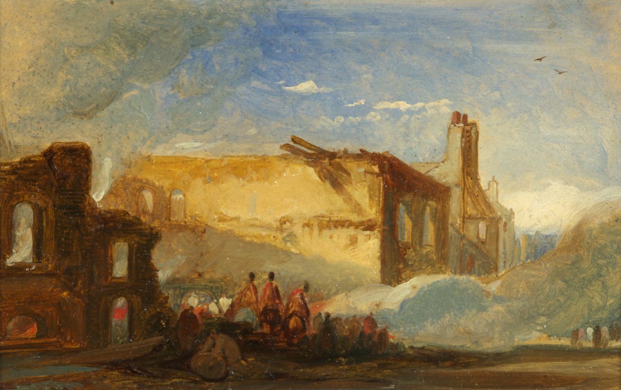 Bristol Riots: Ruiny magazynów na Prince Street, z oddziałami konnymi, ok. 1831 (olej na papierze) autorstwa William James Muller