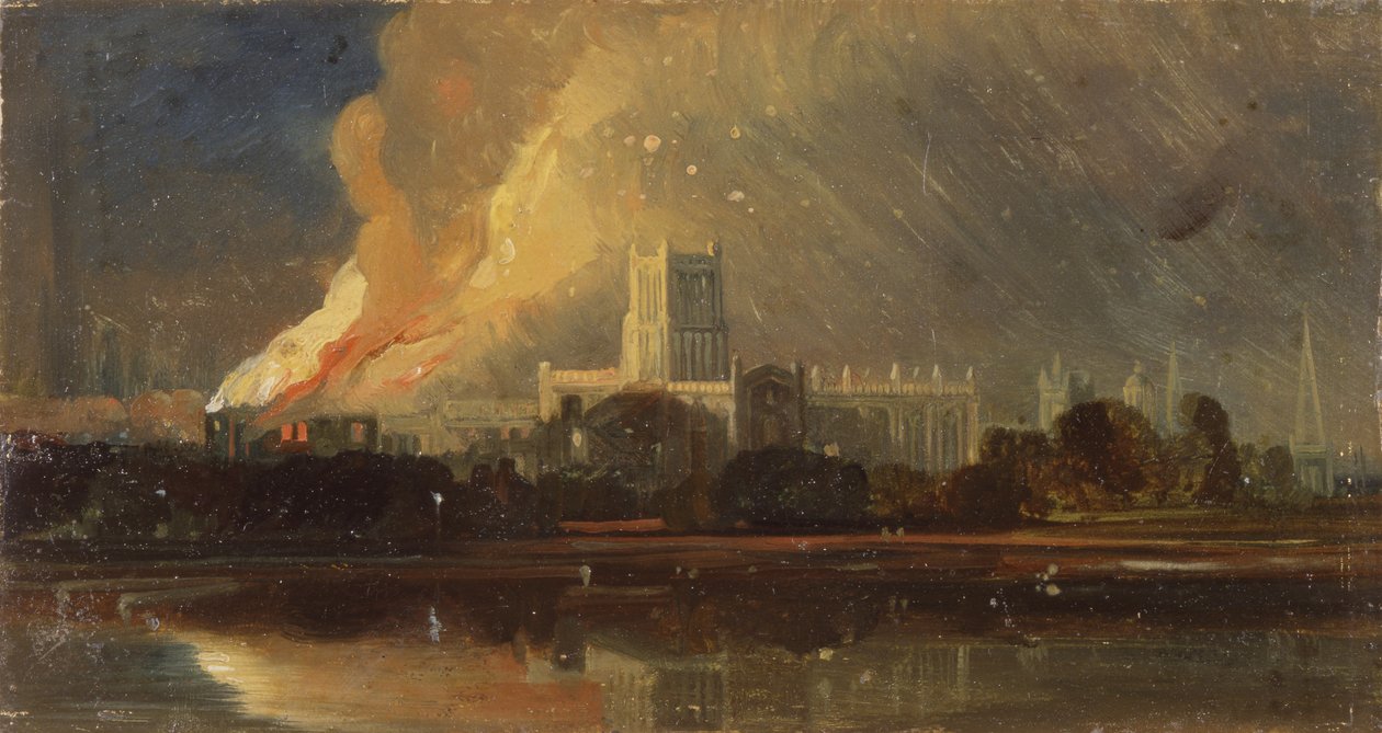 Zamieszki w Bristolu: Spalenie Pałacu Biskupiego, ok. 1831 (olej na papierze) autorstwa William James Muller