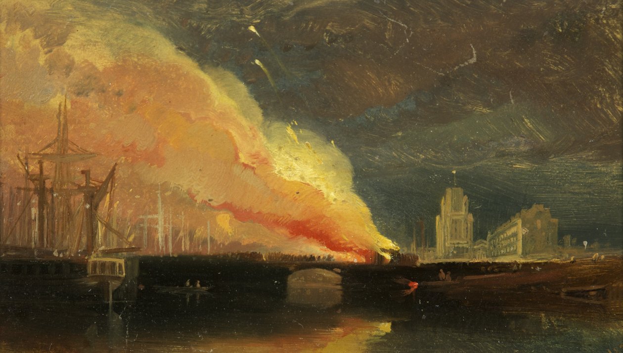 Zamieszki w Bristolu: Podpalenie rogatek na Prince Street Bridge z St Mary Redcliffe autorstwa William James Muller