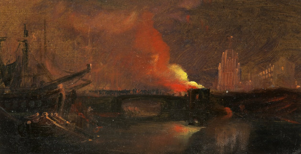 Bristol Riots: The Burning of the Toll-Houses on Prince Street Bridge with St Mary Redcliffe, c.1831 (olej na papierze) autorstwa William James Muller