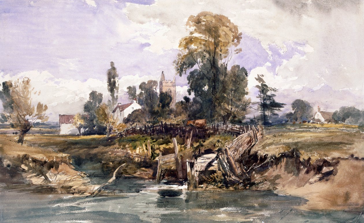 Krajobraz z kościołem i domem autorstwa William James Muller