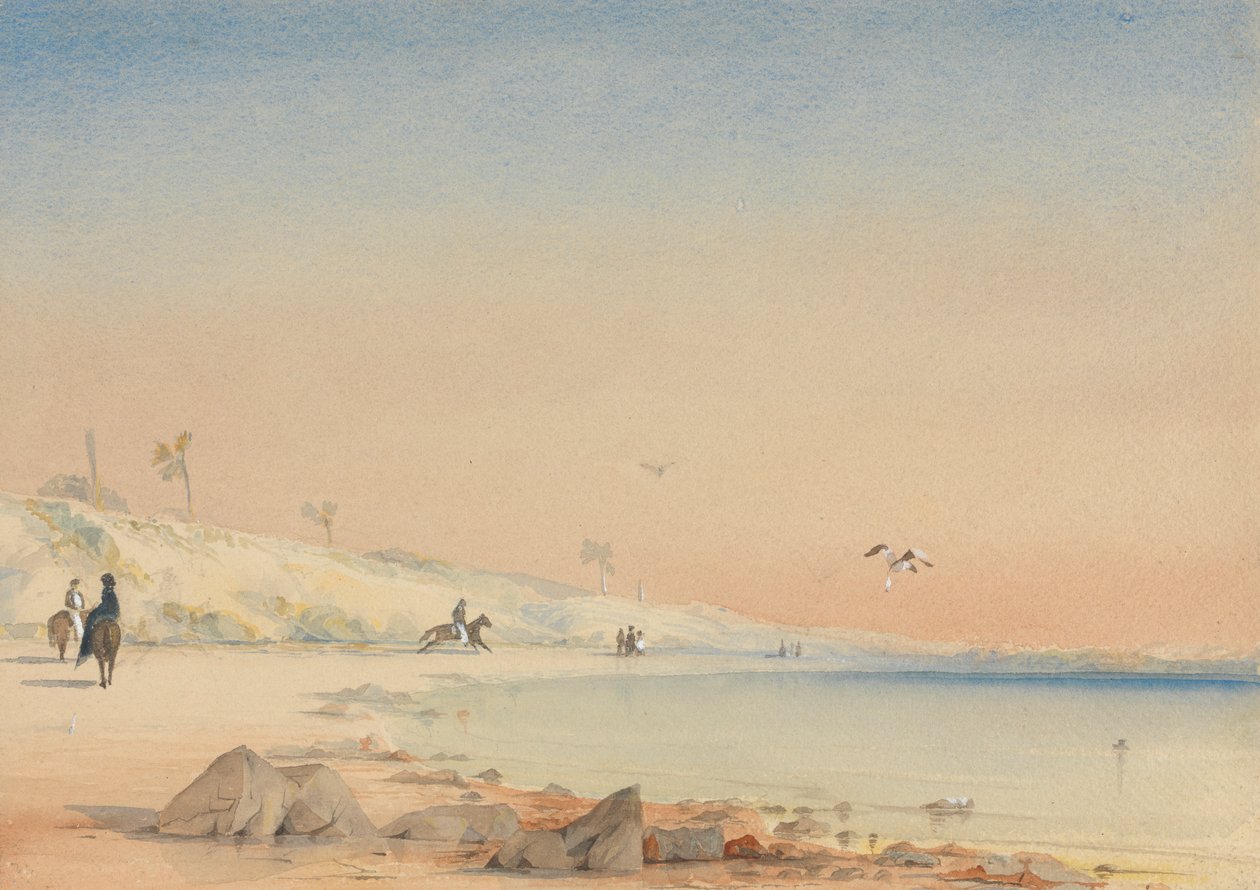 Gambia - piaszczysta zatoka z postaciami spacerującymi i jadącymi na Cape St. Mary autorstwa William John Chamberlayne
