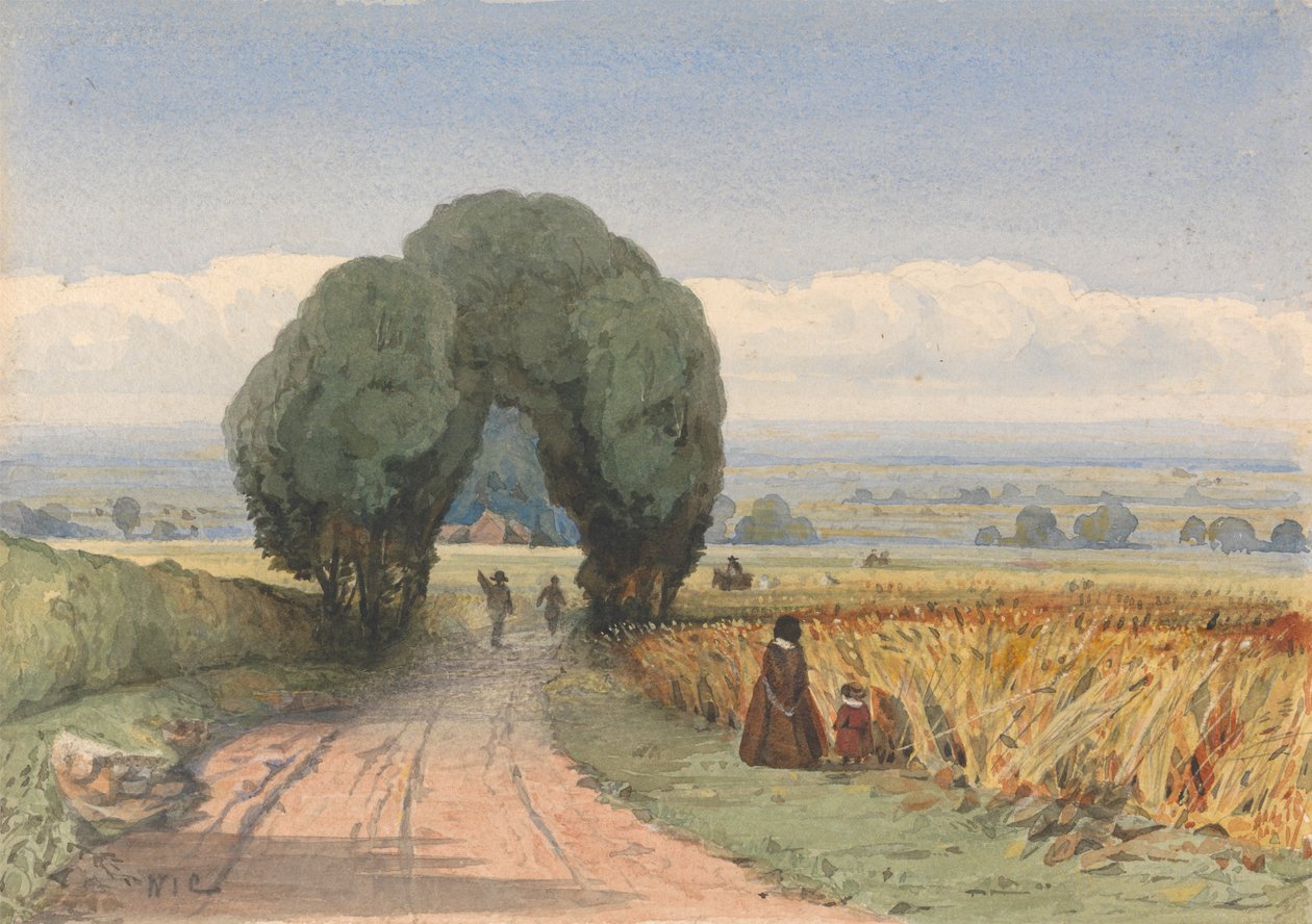 Gloucestershire - kobieta i dziecko na drodze graniczącej z polami dojrzałej kukurydzy w Moreton-in-Marsh autorstwa William John Chamberlayne