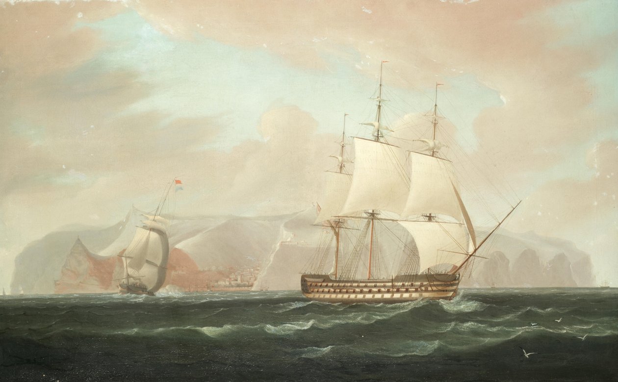 Trzypokładowy okręt liniowy oddalający się od Jamestown, St. Helena, z eskortującą go fregatą oddającą salut pożegnalny. autorstwa William John Huggins