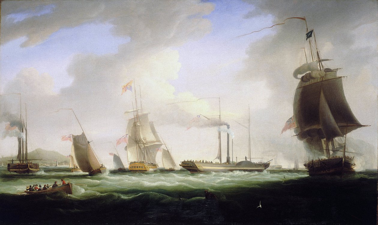 Król Anglii Jerzy IV (1762-1830) wsiadł na pokład "Lightning", pierwszego parowca pocztowego, płynącego do Dublina (Irlandia), 12 sierpnia. autorstwa William John Huggins