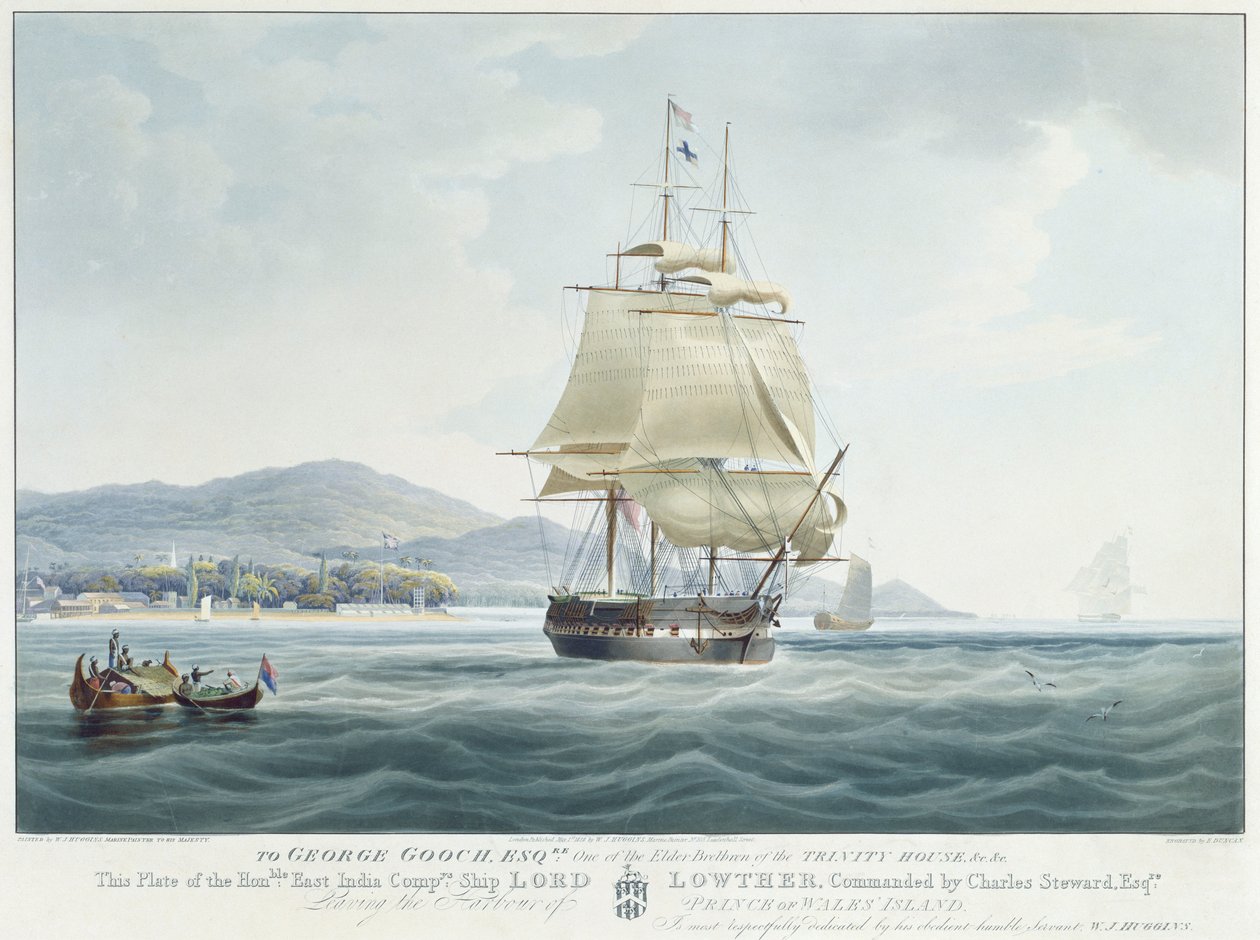 Statek Kompanii Wschodnioindyjskiej "Lord Lowther", dowodzony przez Charlesa Stewarda, opuszczający port na wyspie Księcia Walii. autorstwa William John Huggins