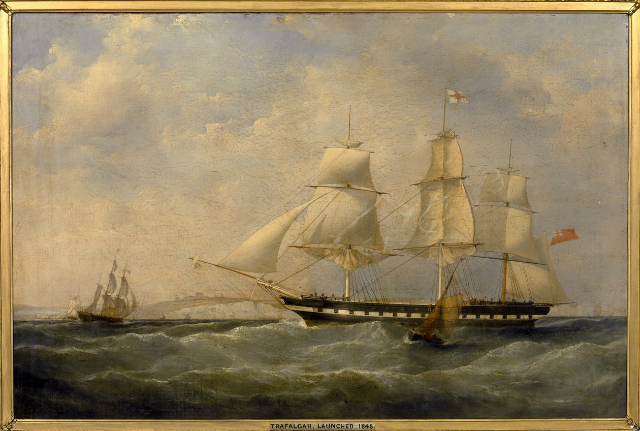 Indyjski statek "Trafalgar" u wybrzeży Dover (Anglia), zbudowany w 1848 r. w Blackwall (Anglia) na potrzeby podróży z Londynu do Kalkuty (Indie). autorstwa William John Huggins