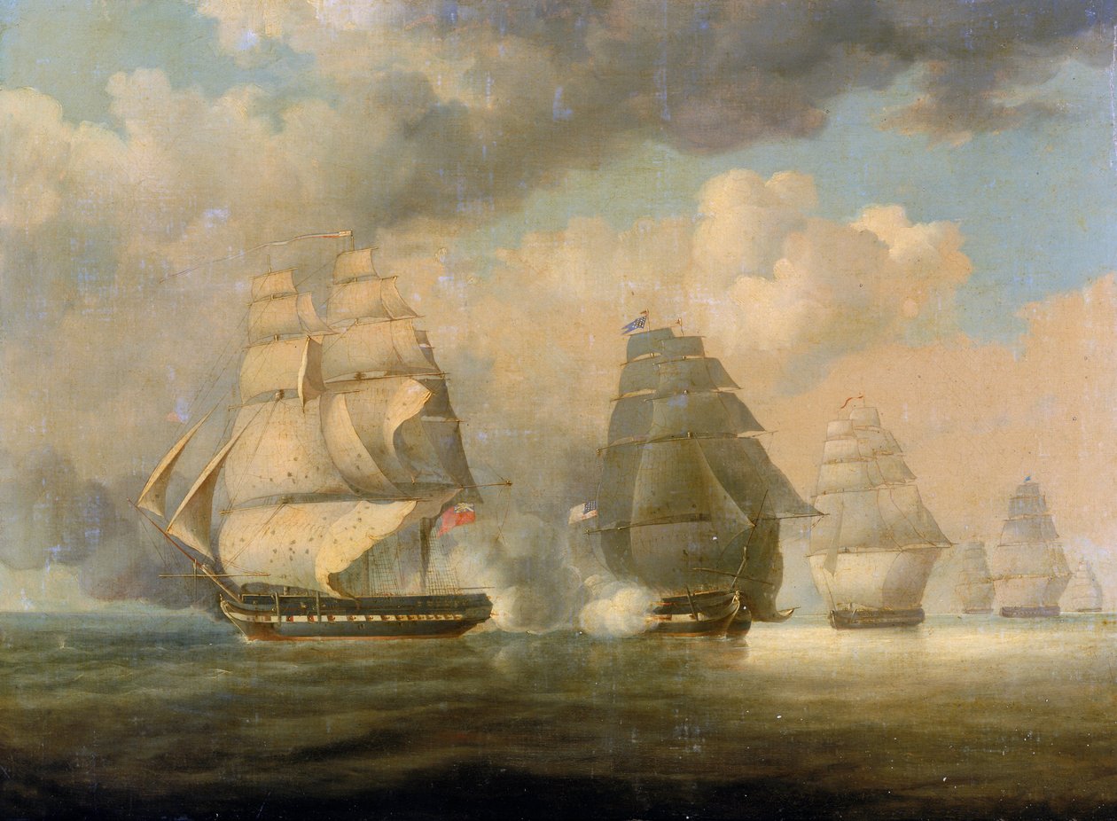 Ucieczka HMS "Belvidera", 23 czerwca 1812 r., u wybrzeży New London w stanie Connecticut, dziewięć dni po wybuchu anglo-amerykańskiej wojny 1812 r. lub drugiej wojny o niepodległość (1812-1815). autorstwa William John Huggins