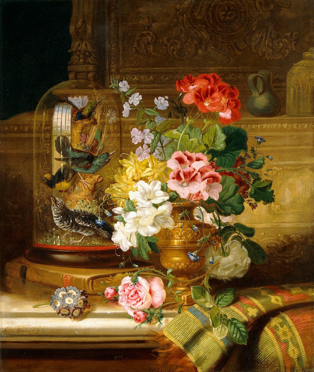 Wazon z bukietem kwiatów i ptaków śpiewających na półce, 1867 autorstwa William John Wainwright