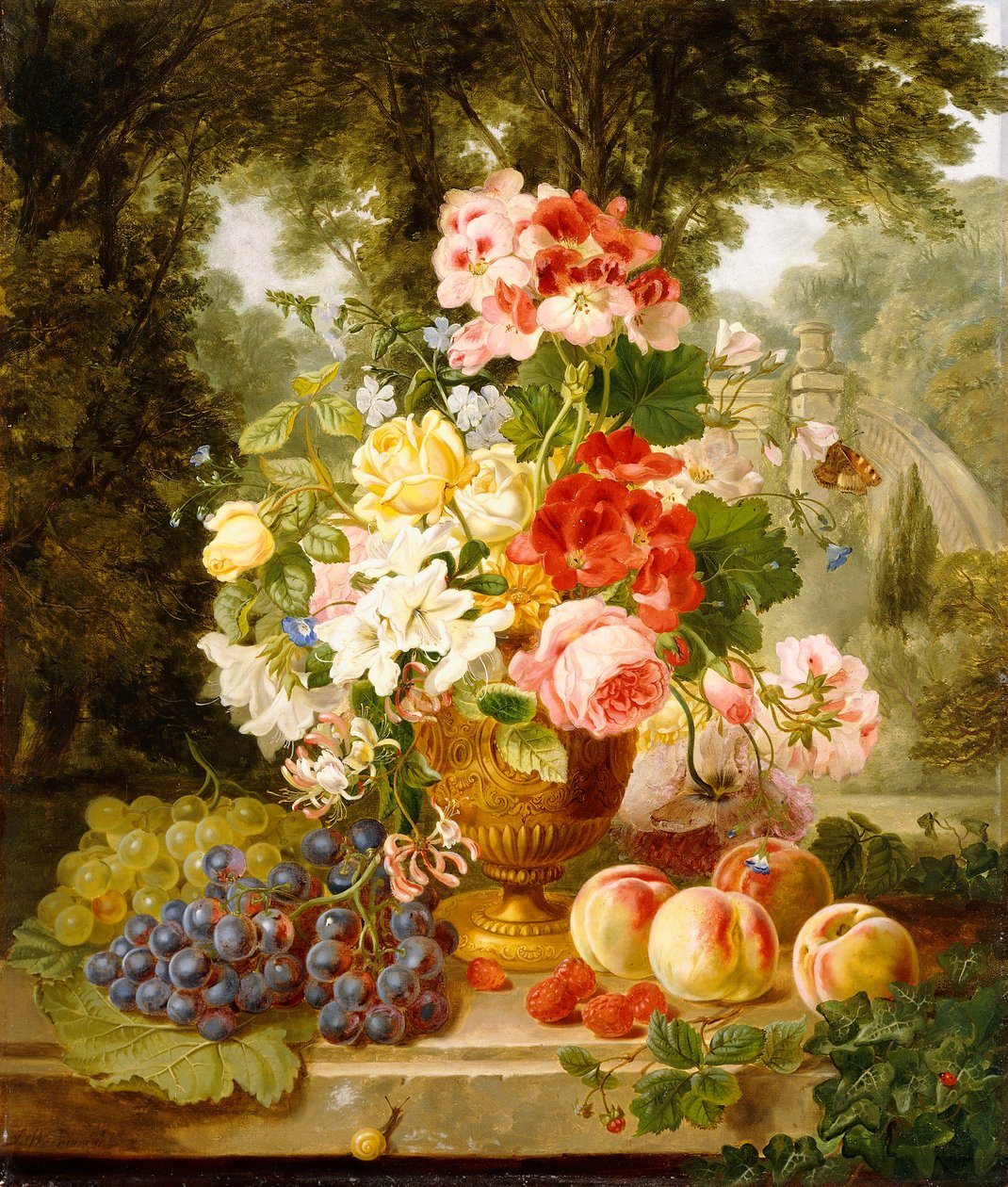 Wazon letnich kwiatów i owoców na półce w krajobrazie, 1867 autorstwa William John Wainwright