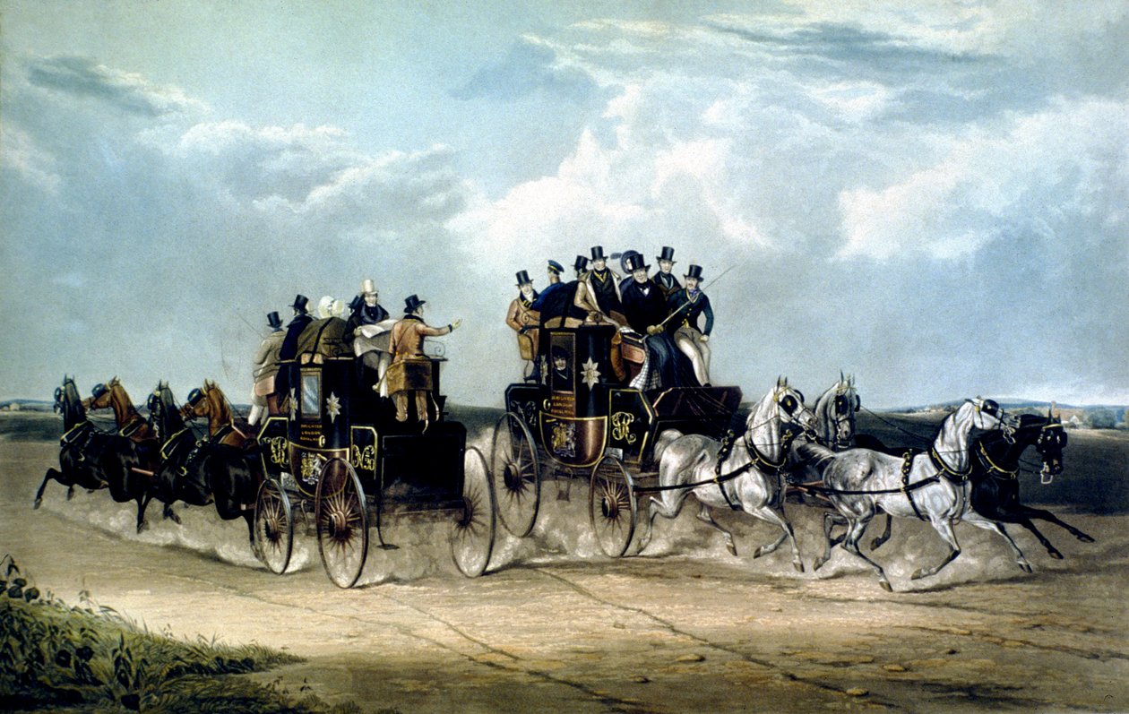 The Brighton Day Mails przechodzące nad Hockward Common, grawerowane przez Charlesa Hunt autorstwa William Joseph (after) Shayer
