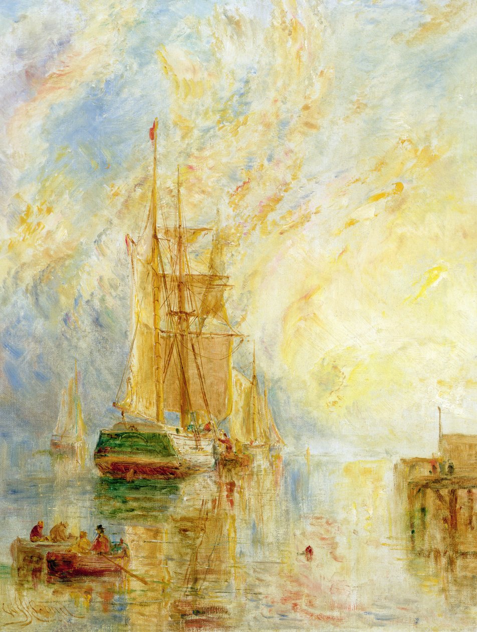 Łódź w porcie, zachód słońca (olej na płótnie) autorstwa William Joseph J.C. Bond