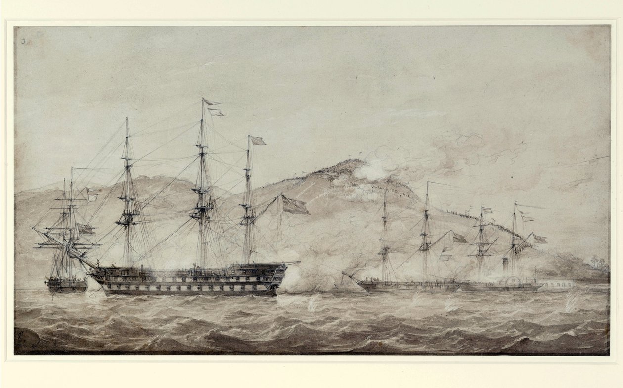 Statki HMS "Wellesley", "Columbine" i "Grisel" u wybrzeży Amoy (Chiny) w 1841 r. Lavis autorstwa William Joy