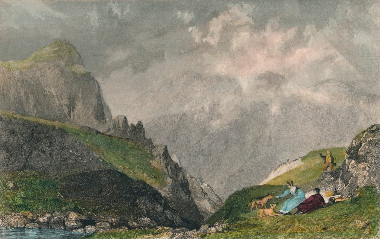 „Widok z Langdale Pikes, patrząc w kierunku Bowfell, Westmorland”, 1835 autorstwa William Kelsall
