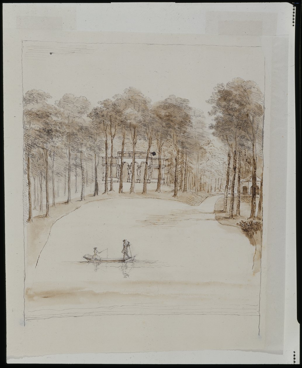 Ptaszarnia w Chiswick; basen z parą w łódce, kobieta łowiąca ryby (pióro i brąz przemyj ołówkiem na papierze) autorstwa William Kent