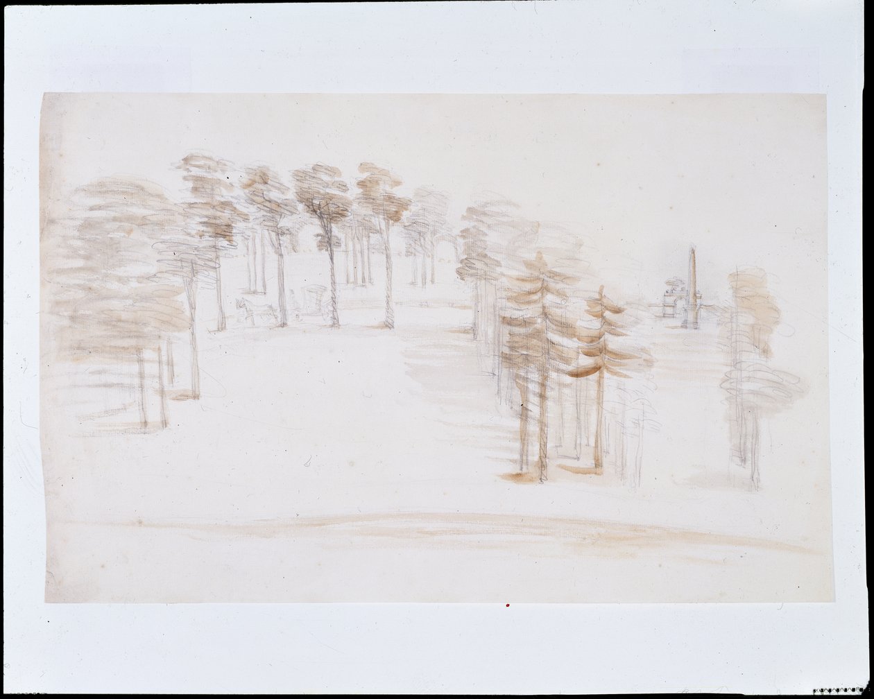 Chiswick, widok z wzniesienia nad Świątynią Orange Tree Garden (ołówek i umyć na papierze) autorstwa William Kent