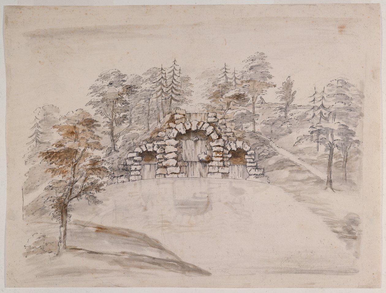 Chiswick, projekt kaskady (pióro i tusz oraz pranie na papierze) autorstwa William Kent