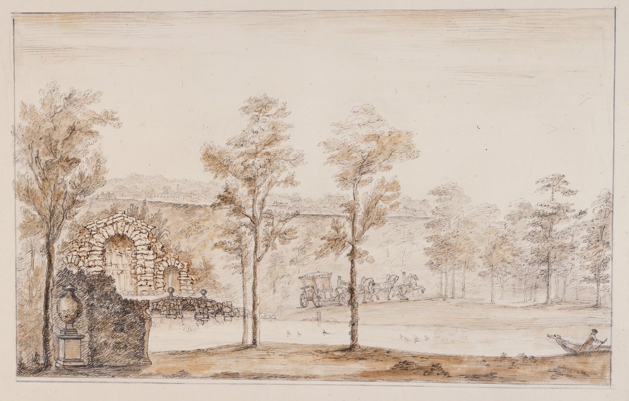 Chiswick, zaprojektuj rustykalną kaskadę i most na tle tarasu (pióro i atrament oraz przemyj ołówkiem na papierze) autorstwa William Kent